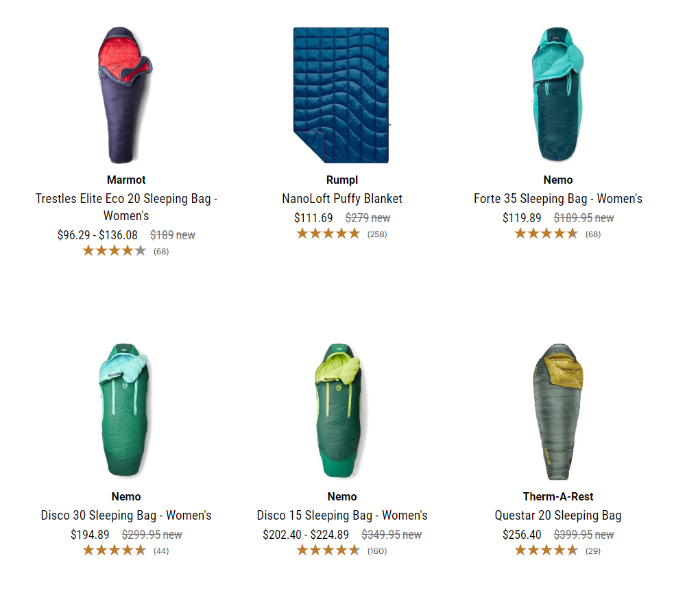 Various sleeping bags available through REI Resupply