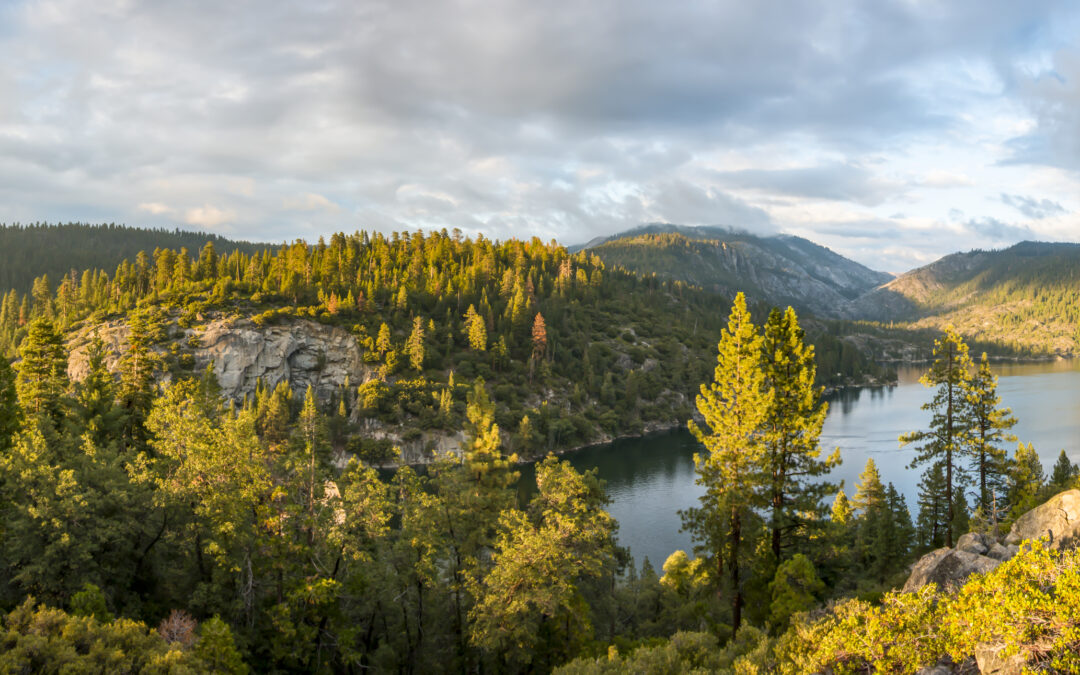 A beautiful lake surround by forested hills