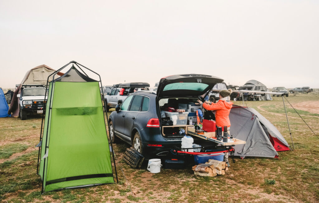 A full car camping set up deployed in the Mojave National Preserve
