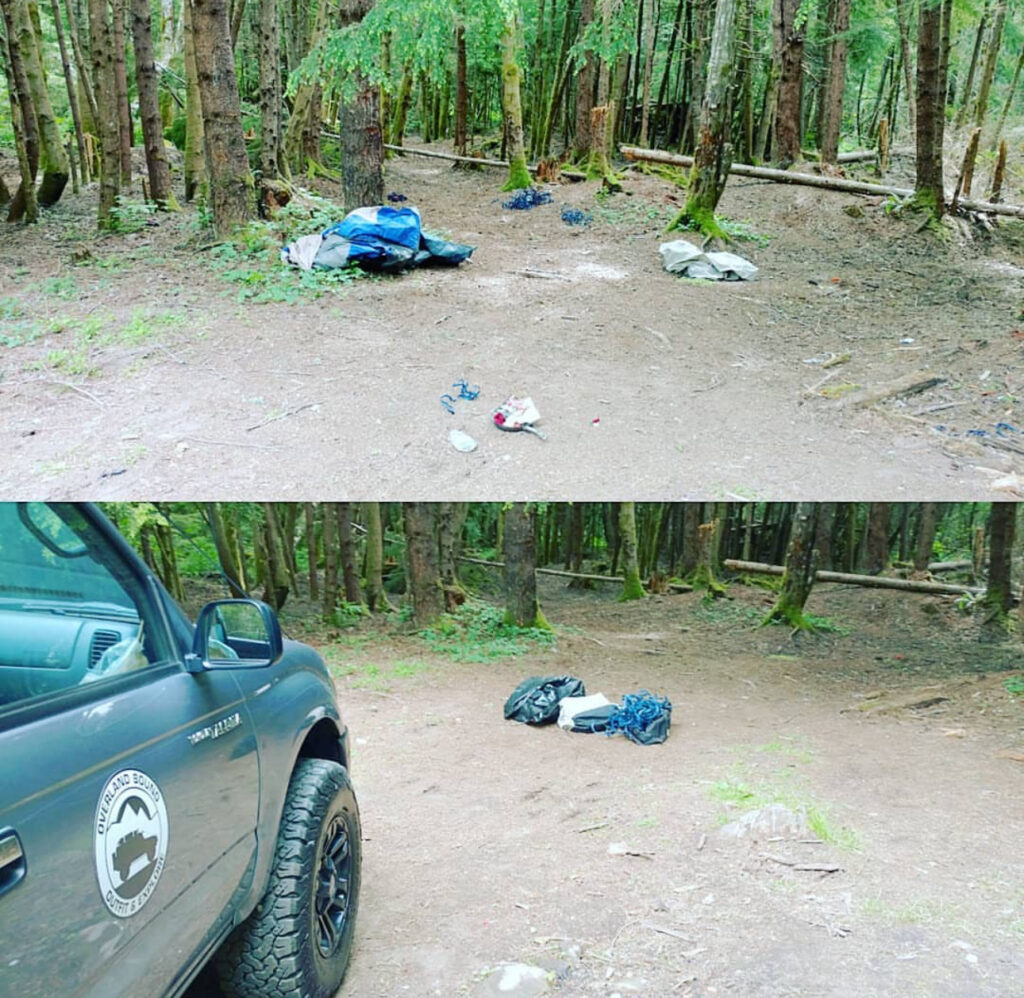 A before and after of a cleaned up campsite.