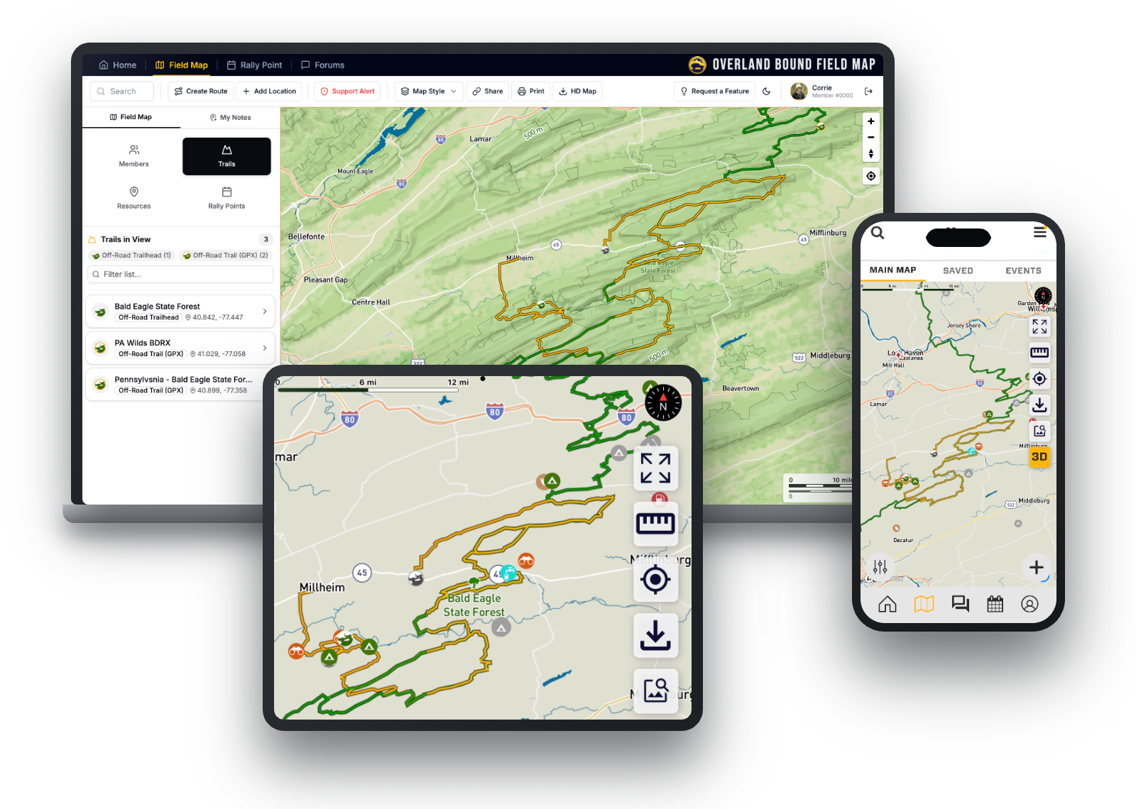 Overland Bound Field Map on laptop, tablet, and phone